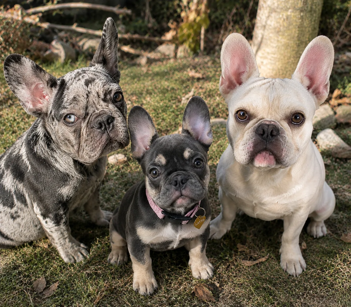 The Santana's Frenchies family — merle, blue tan puppy, and cream French Bulldogs